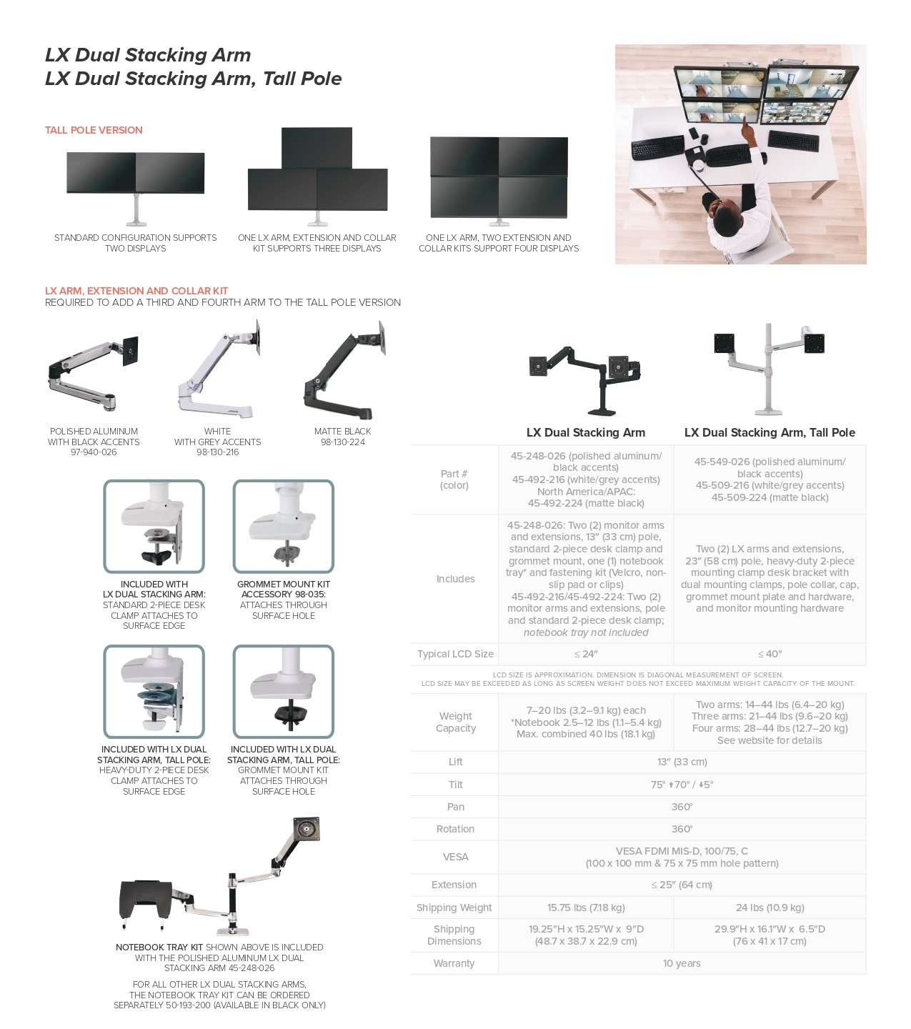 A large marketing image providing additional information about the product Ergotron LX Dual Stacking Arm Tall Pole - White - Additional alt info not provided